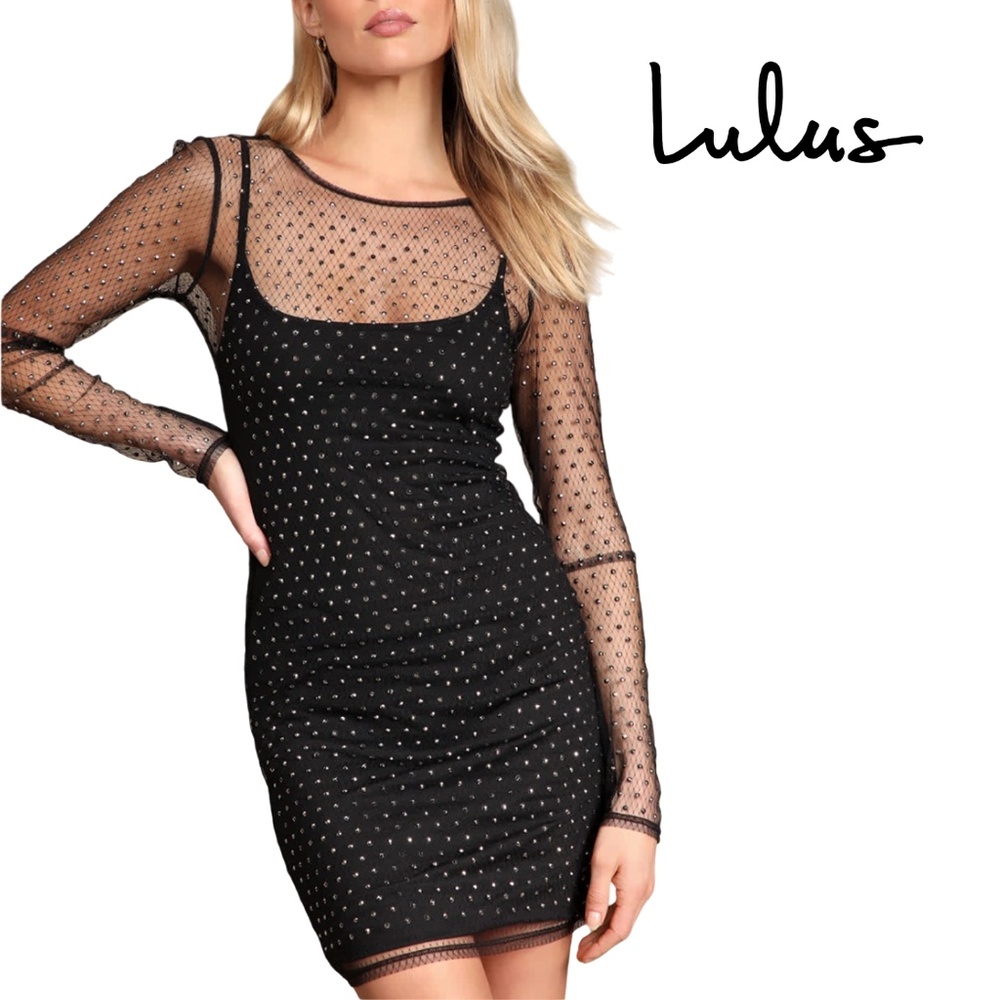 Lulus Radiant Reputation Dress Rhinestone Studded Mesh Bodycon Evening Cocktail